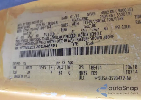 2012 Ford E-250 Commercial из США, поврежденный, VIN 1FTNE2EL2CDA46691